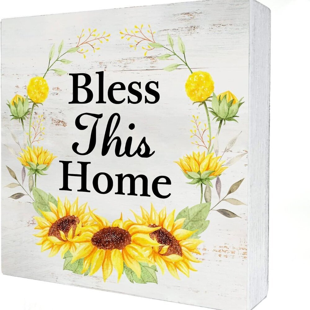 Bless This Home Wood Box Sign Home Decor Rustic Sunflower Wreath Spring Quote Wo
